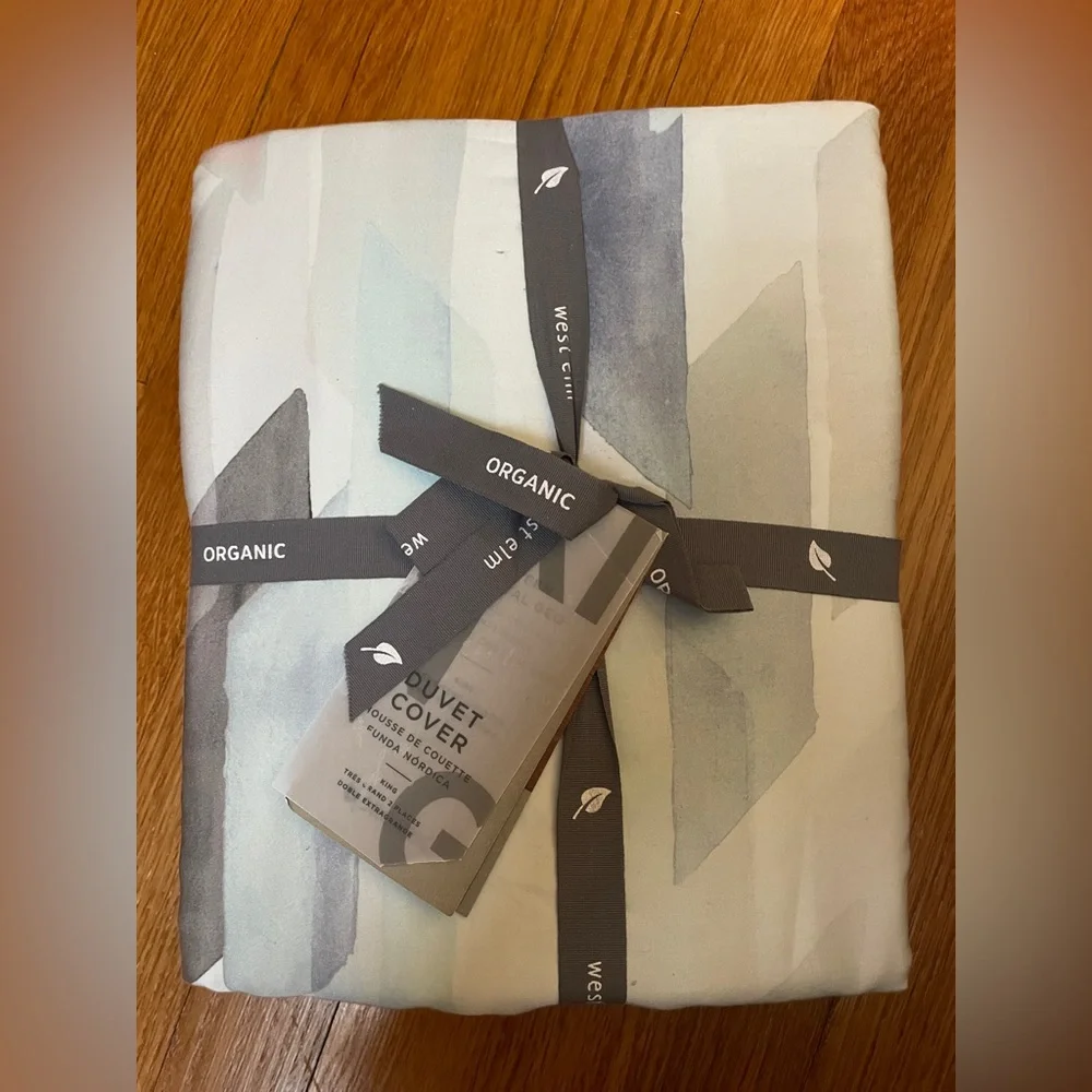 NWT West Elm King Organic Watercolor Stripe Tercel Sateen Duvet Cover Super Soft